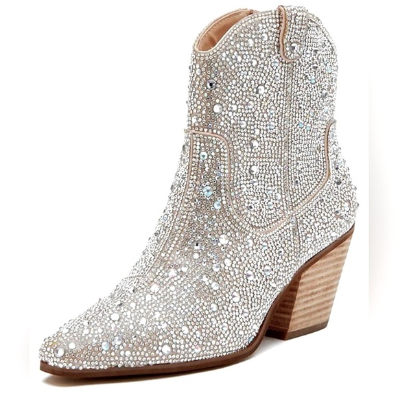 Off Brand Shoes - Rhinestone Glitter Western Cowboy Stacked Heel Ankle Boots Size 11 New